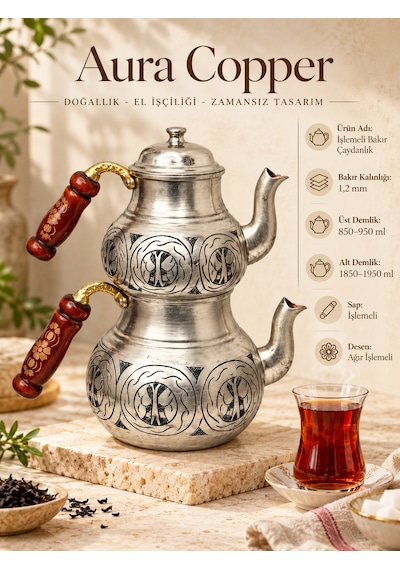 Aura Copper Ağır El İşlemeli Kalın Bakır Çaydanlık Takımı 1,2 Mm 27 Cm Gümüş Mat/ac-cy-030