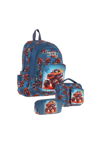 Kaukko Kids Erkek Çocuk Arazi Aracı Baskılı Üçlü Okul Çanta Seti Okul Çantası+beslenme Çantası+kalemlik Kırmızı - Yeşil