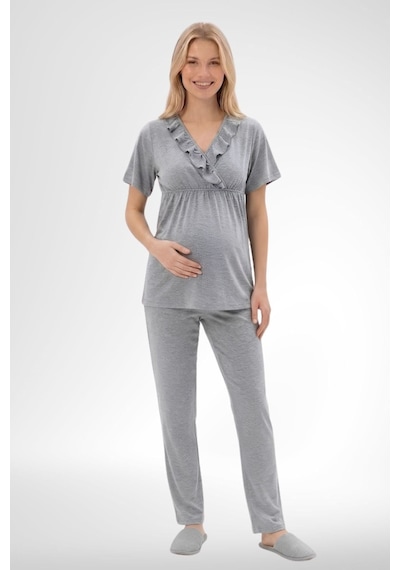 Mecit Pijama Mecit 6403 Sabahlıklı Lohusa Pijama Takımı Gri