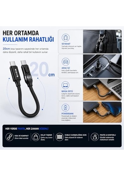 S-link Armor Cc-020 60w 20 Cm Type-c To Type-c Pd Örgülü Metal Başlıklı Siyah Hızlı Şarj Kablosu, Kısa Type C Diğer