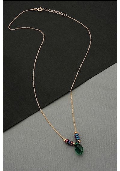 Renkli Hematit Taşlı Gümüş Koyu Yeşil Kristal Kolye - 23168904 Rose Gold