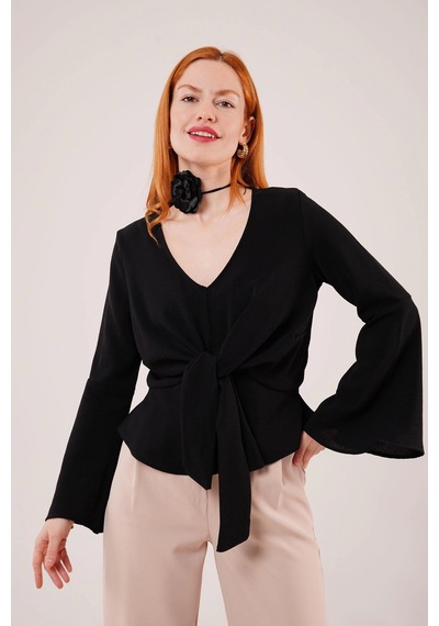 Defymoda Ön Bağlamalı Volan Kol Siyah Bluz Siyah