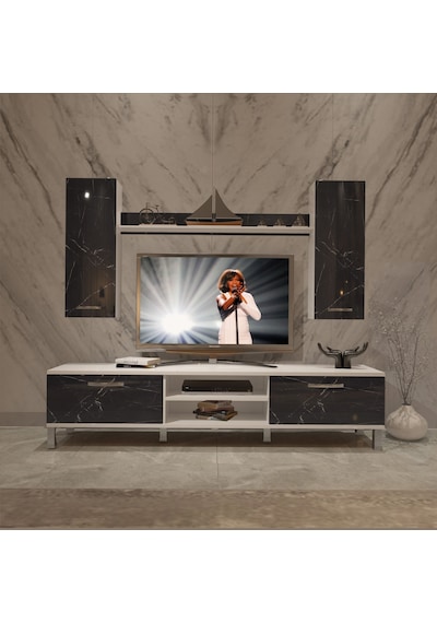 Decoraktiv Eko 5d Mdf Dvd Krom Ayaklı Tv Ünitesi Tv Sehpası Beyaz - Siyah Mermer