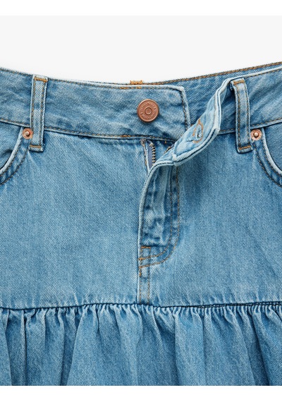 Koton Cep Detaylı Düğmeli Mini Denim Balon Etek Açık İndigo 5sal70010md