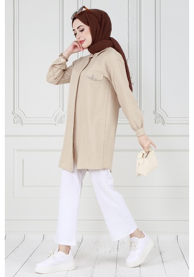 Sevitli Kapağı Taş Detaylı Tunik-bej-3570-bej Bej
