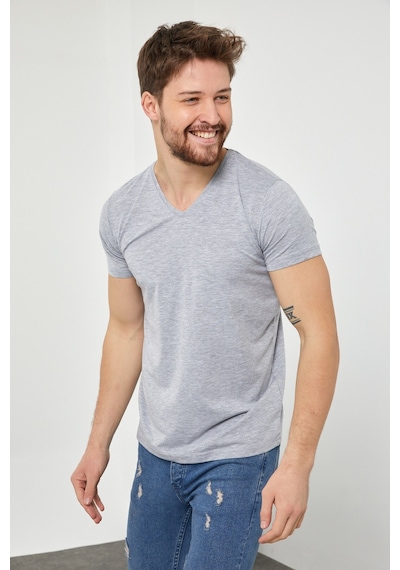 Tarz Cool Erkek V Yaka Slim Fit Likralı T-shirt Gri