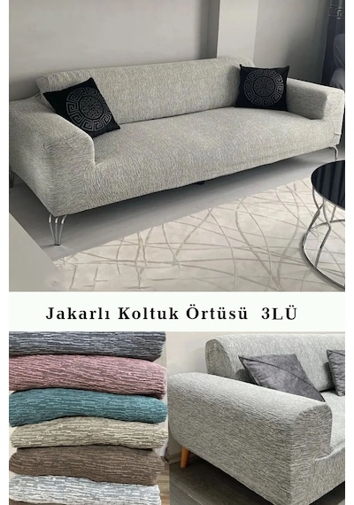 StarMall Jakarlı Çubuk Desen Koltuk Örtüsü Koltuk Kılıfı Lastikli Esnek Yıkanabilir 3Lü Bir Adet Krem
