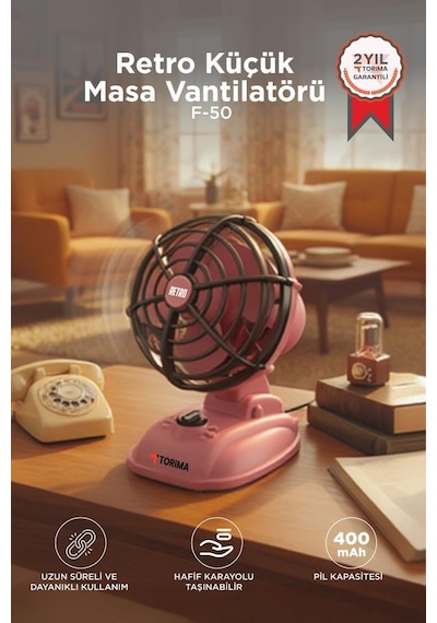 Şarjlı Masaüstü Vantilatör Vintage Retro Tasarım 400 Mah Taşınabilir Masa Fanı F50 Pembe