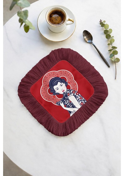 Vintage Kadın Portreli Saçaklı Sunum Peçetesi - Modern Retro Bordo Kırmızı Kahve Yanı Sunum Mendili Gün Batımı Kireçtaşı