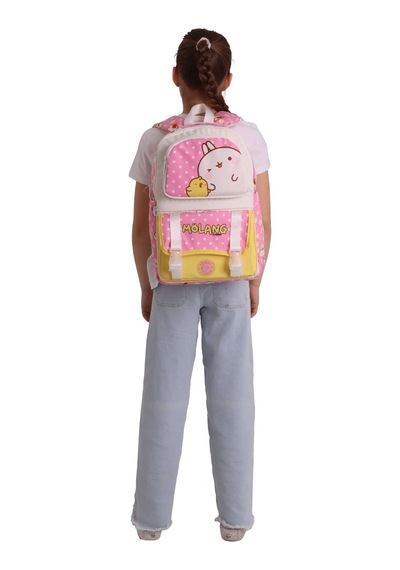 Kaukko Kids Dört Bölmeli Kız Çocuk Molang Baskılı Pembe - Sarı Okul Sırt Çantası - L5318 Çok Renkli