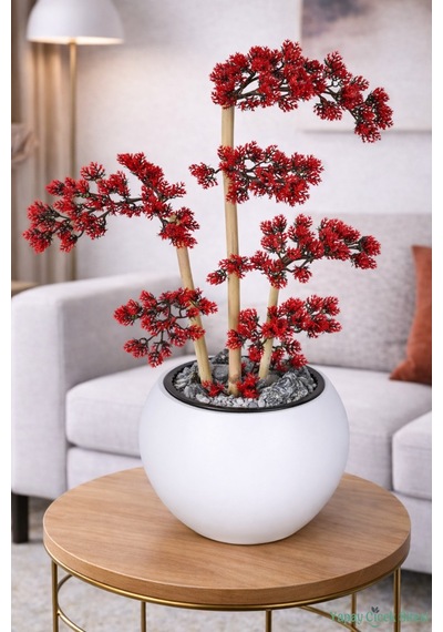 Yapay Çiçek Sitesi Beyaz Küre Saksıda Modern Minimal Tasarım Yapay Bonsai Ağacı Kırmızı 65 Cm Kırmızı