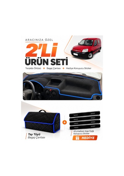 Cıtroen Berlıngo M59 2002-2008 Uyumlu Torpido Örtüsü + Tay Tüyü Bagaj Çantası Seti - Siyah Mavi
