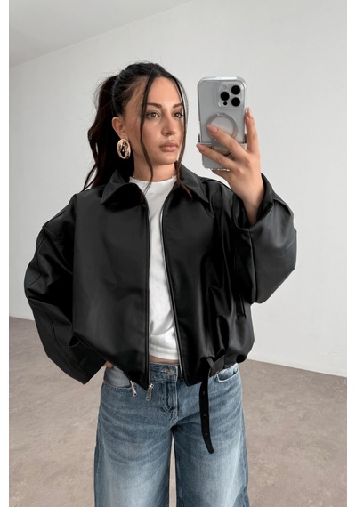 Pop Story Kadın Oversize Bomber Premium Deri Ceket Kemerli Siyah Siyah