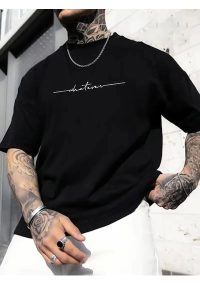 Modi Baskılı Oversize Bisiklet Yaka T-shirt - Siyah - Mymg158971