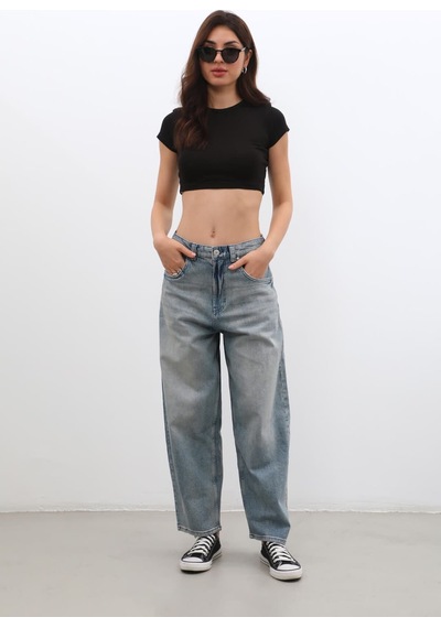 Kadın Yüksek Bel Skater Fit Jean Pantolon Tint Mavi