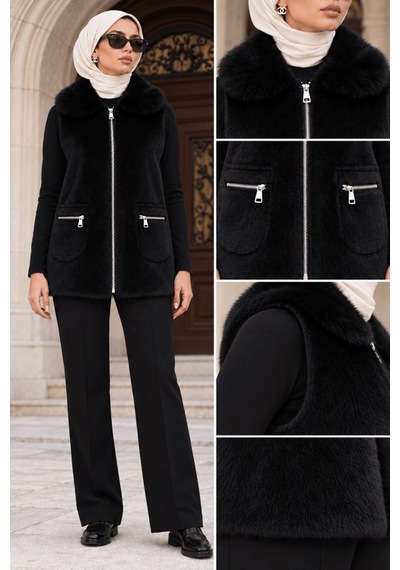 Sevitli Angora Cepli Yelek-siyah-6015