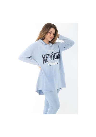 Şans Kadın Büyük Beden Mavi Payet Detaylı Arkası Uzun Kapşonlu Sweatshirt 65n37463 - Mavi