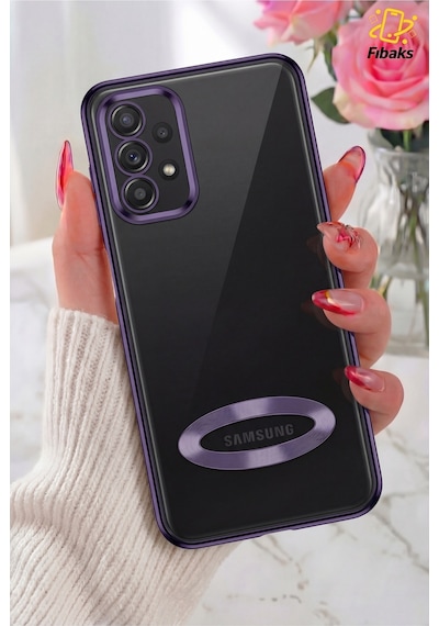 Fibaks Galaxy A32 4G Uyumlu Kılıf Kamera Lens Korumalı Şeffaf Renkli Logo Gösteren Parlak Kapak