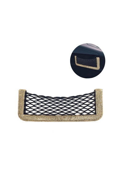 Kristal Taşlı Araç İçi File Çep Organizer 20x8cm Altın