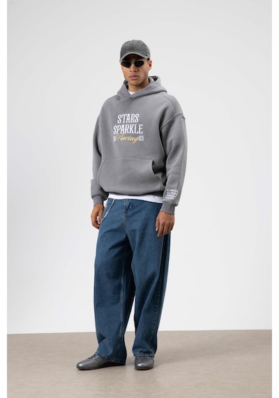 Vamos Oversize Nakış Baskılıkapüşonlu Sweatshirt Füme