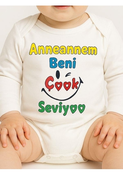Zekids Bebek Anneannem Beni Çok Seviyor Yazılı Pamuklu Uzun Kol Çıtçıtlı Body-16096 Ekru