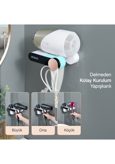 Ecoco Duvara Yapışkanlı Saç Kurutma Makinesi Tutacağı Beyaz