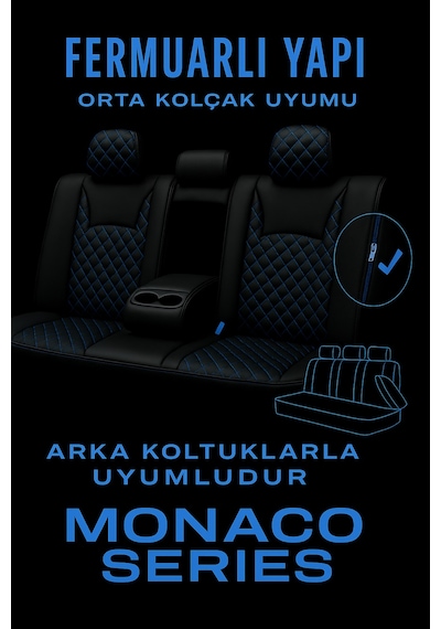 Audi A-5 Quattro 2015 - 2019 - Monaco Eviza Kumaş Deri Detaylı Oto Koltuk Kılıfı - Siyah Mavi Siyah Mavi