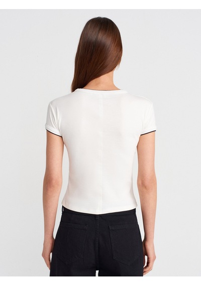 Dilvin 31750 Kontrast Kısa Kollu Tshirt-ekru Ekru