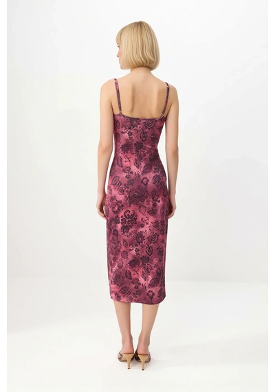 Benerly Kadın İnce Askılı Kare Yaka Çiçek Desenli Bodycon Midi Esnek Örme Mürdüm