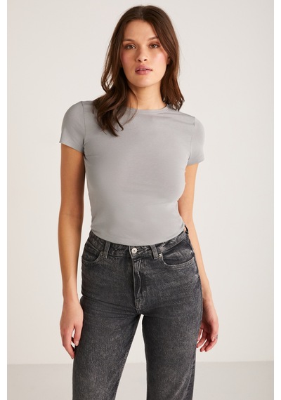 ETHIQUET ZE DA Kadın %100 Organik Pamuk Slim Fit Dar Kesim Bisiklet Yaka Kısa Kollu Gri T-shirt