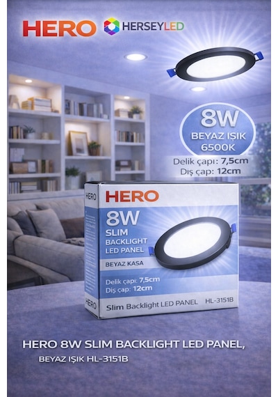 Hero 8w Beyaz Işık - Siyah Kasa Backlıght Led Panel Beyaz Işık Hl-3151b Beyaz