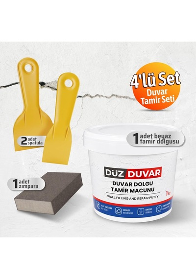 Tr 4'lü Duvar Tamir Seti Beyaz 1000 Gr Dolgu Tamir Macunu + 2 Adet Plastik Spatula + Kübik Zımpara 0.25 KG