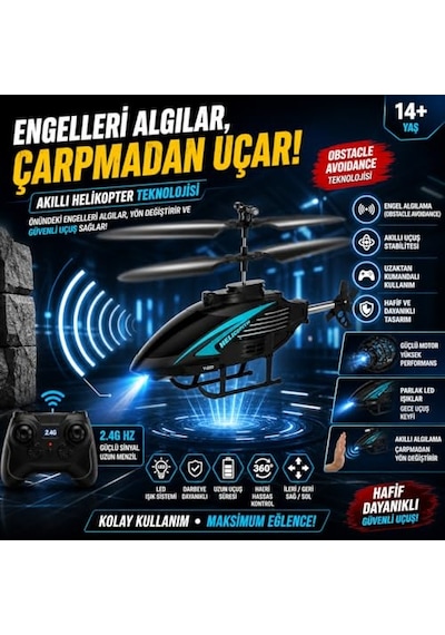 Akıllı Uzaktan Kumandalı Helikopter - 2.4ghz Engel Tanıma Özellikli, 2 Kanallı Stabil Uçuş Sağlayan Şarjlı Drone 14+ Yaş