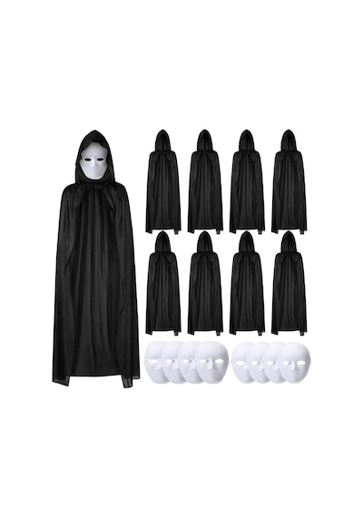 120 Cm Siyah Kapüşonlu Pelerin Ve Boyanabilir Karton Maske 8 Li Set Yetişkin