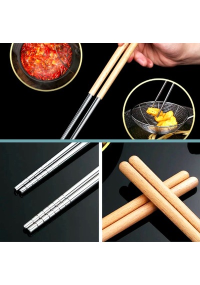 Omeniv Extra Uzun Ahşap-metal Chopstick Servis Kızartma Maşası