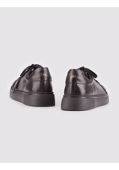 Hakiki Deri Siyah Bağcıklı Eva Tabanlı Sneaker Erkek Spor Ayakkab Siyah