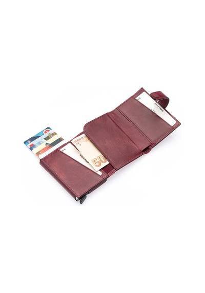 Westpolo Hakiki Eskitme Deri Kağıt Para Bölmeli Unisex Mekanizmalı Cüzdan - Bordo Bordo
