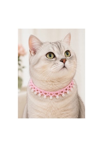 El Örgüsü Kedi Tasması Pembe İnci Boncuklu El Yapımı Ayarlanabilir Kedi Boyun Aksesuarı