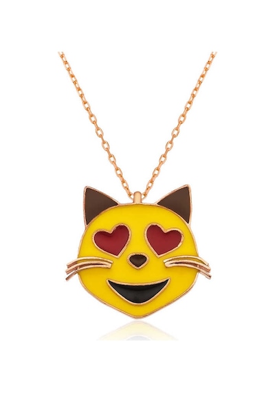 Gümüş Kalp Gözlü Kedi Emoji Bayan Kolye Gümüş