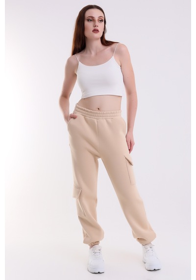 Winmoda34 Kadın Jogger Kalın 3 İplik Yandan Cepli Kargo Eşofman Altı Bejj