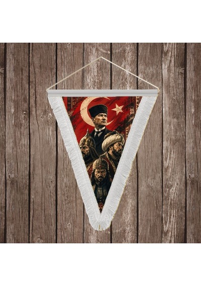 Türk Liderleri- Atatürk-fsm-alpaslan Ve Mete Han Beyaz Saçaklı Üçgen Flama Bayrak Hatıra Flama Diğer