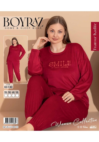 Boyraz Kadın Kışlık Fransız Kadife Büyük Beden Bisiklet Yaka Uzun Kol Pijama Takımı 03130 - 1 Adet Kırmızı Boyraz Kadın Kışlık Fransız Kadife Büyük Beden Bisiklet Yaka Uzun Kol Pijama Takımı 03130 - 1 Adet Kırmızı