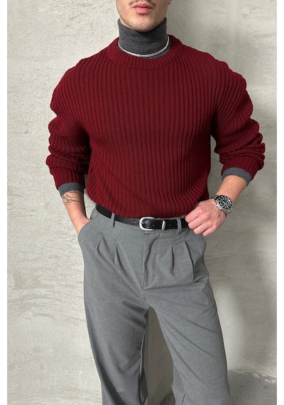 Erkek Fitilli Örme Oversize Kazak Bordo