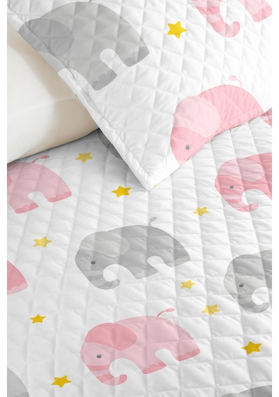 Evimde Bambaşka Fil Geometrik Pembe Kız Çocuk Pike Takımı - Gri Sarı Bebek Odası Mevsimlik Yatak Örtüsü - 160x220  CM