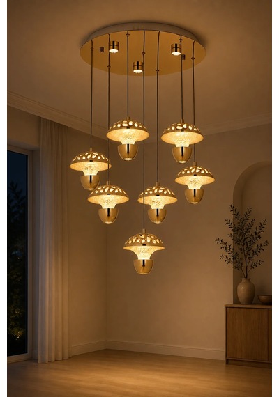7'li Modern Premium Gold 3 Renkli Ledli Sarkıt Avizesi Salon Mutfak Oturma Odası Şık Modelleri 79w Beyaz