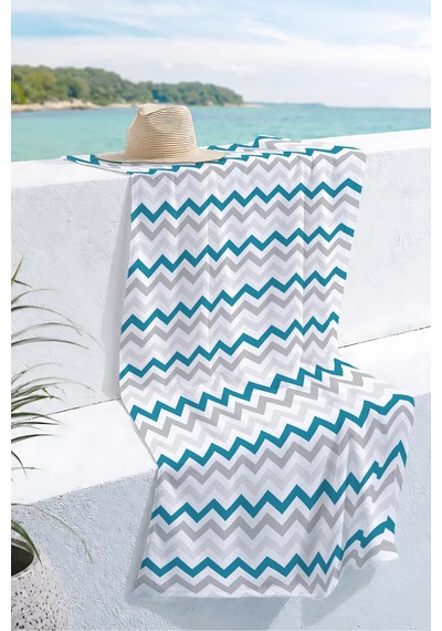 Zigzag Geometrik Modern Plaj Havlusu - Turkuaz Gri Minimalist Hızlı Kuruyan Mikrofiber Havlu Kül Ada