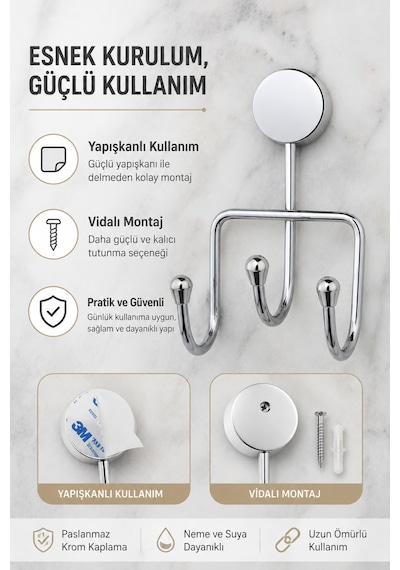 Alper Banyo Krom 3'Lü Banyo Askısı, Havlu Ve Bornoz Askılığı