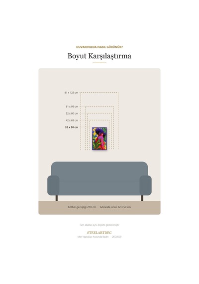 Mor Yapraklar Arasında Kadın Metal Tablo 61x95 Cm Çok Renkli