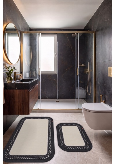 Banyo Paspası Takımı 70x110+50x70 Cm İç Trikot Ekru & Siyah