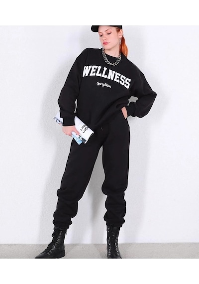 Unisex Oversize Wellness Baskılı Bisiklet Yaka Siyah Sweatshirt Siyah